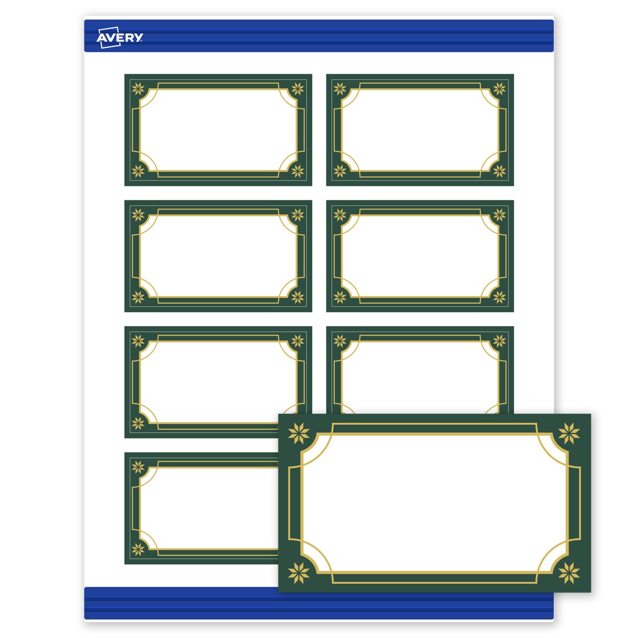 Avery Printable Business Cards with Sure Feed Technology, Rectangle, 2" x 3-1/2", Pre-Printed Green & Metallic Gold Border Design, Matte White, Laser & Inkjet Compatible, 80 Total